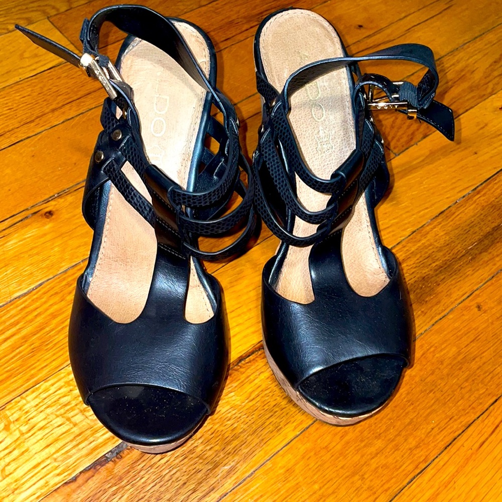 Aldo Black Open Toe Wedges with Straps